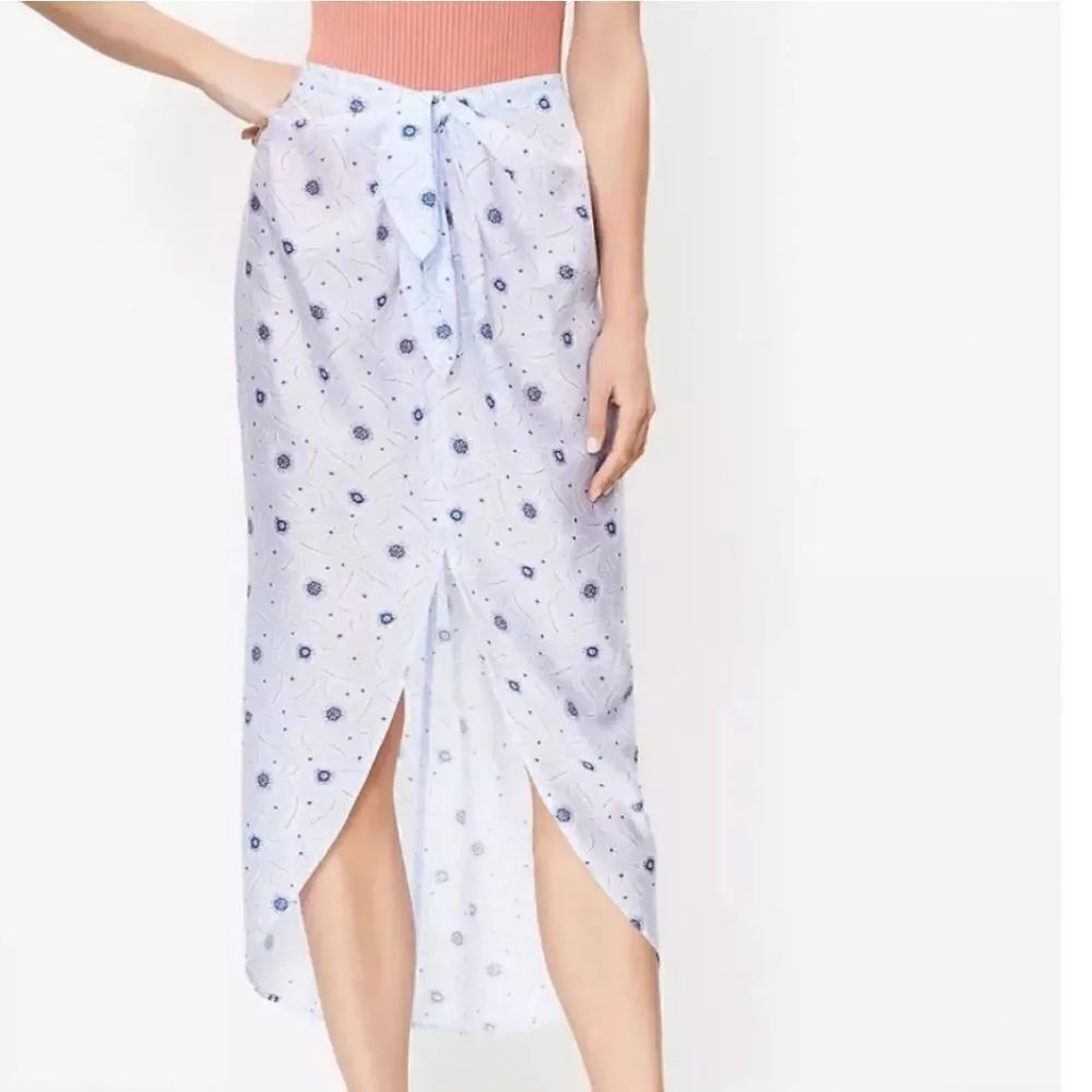 NEW Loft Beach Medium Blue White Floral Faux Wrap Midi Skirt Tie Knot